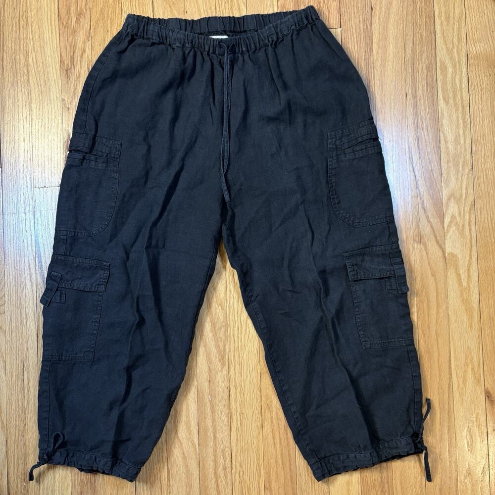 FLAX Linen Cargo Pants Sz M Black Drawstring Crop Utility Trousers Boho Granola